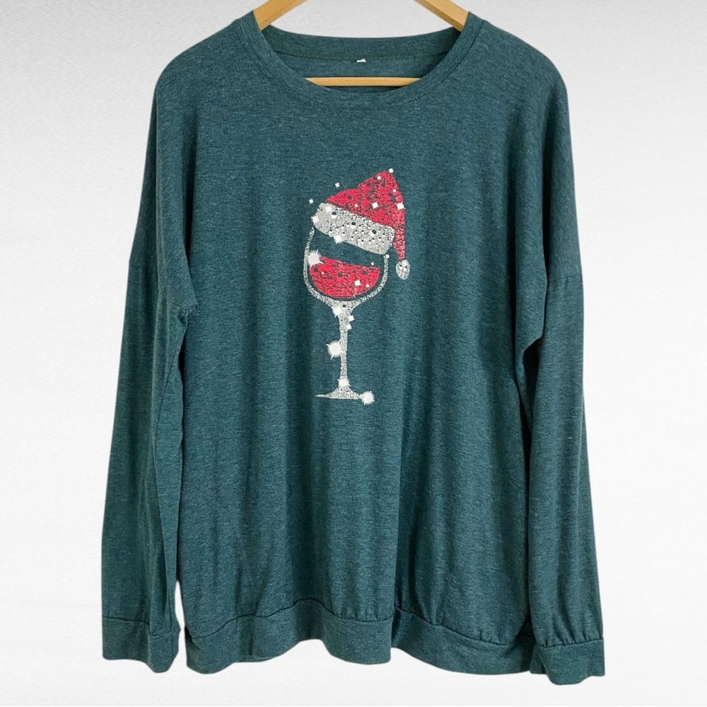 Green Festive Glitter Graphic Wine Glass Santa Hat Christmas Long Sleeve Shirt